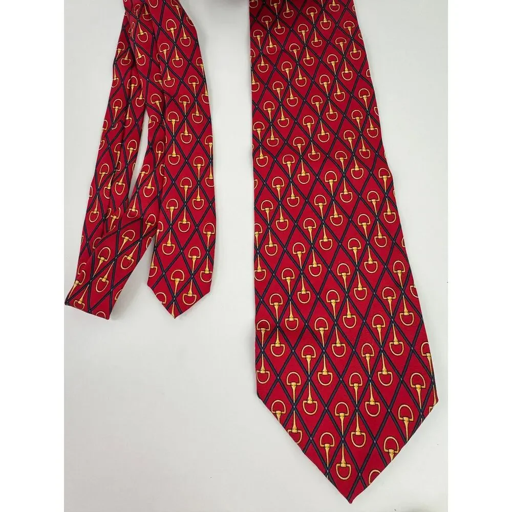 Vintage Paolo GUCCI Red Gold Horsebit Diamond Print Business Work Career Tie